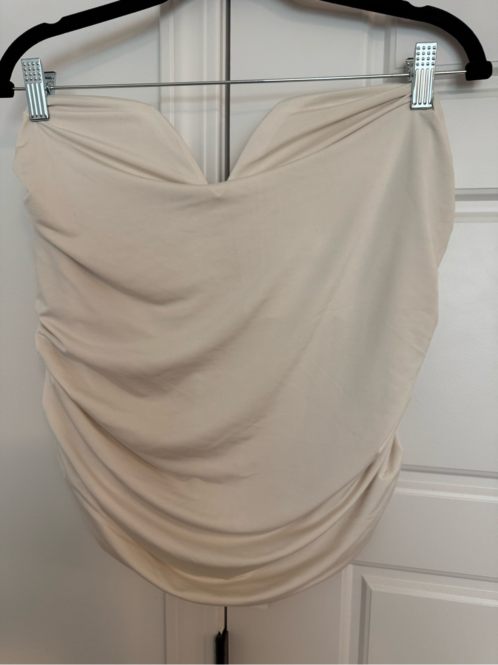 Express Strapless Ruched Bodycon Dress in Cream